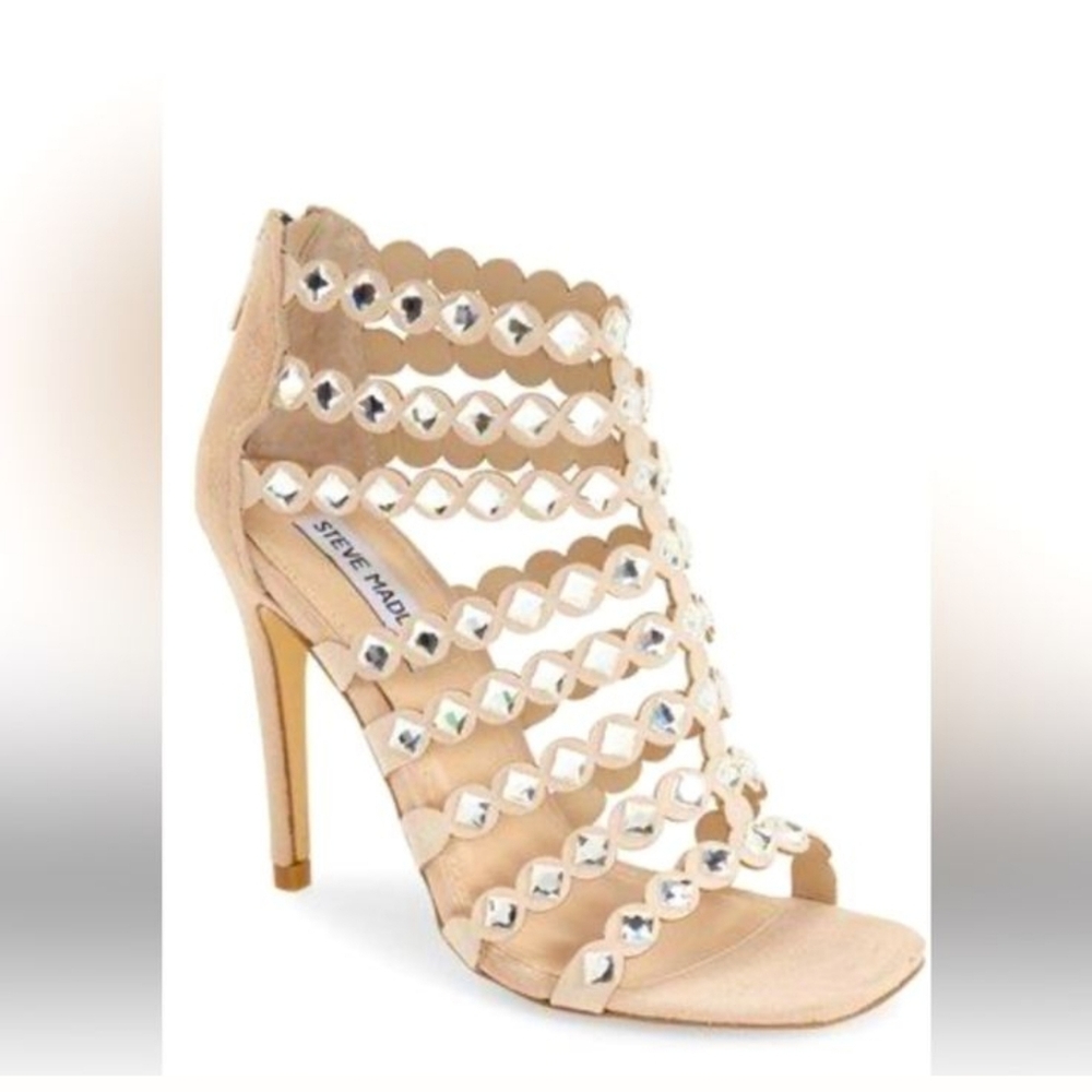 Steve Madden Strappy Sparkle Blush Suede Cage Heels – Multi-Bling Crystals